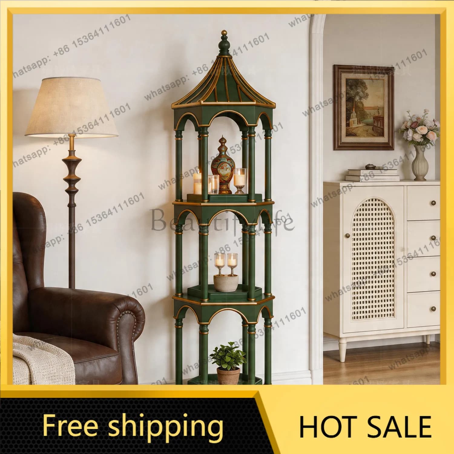 Factory Direct American retro pagoda-shaped three-layer shelf home decoration engraving locker