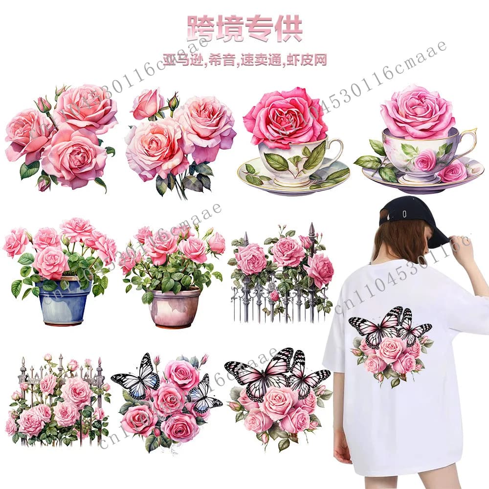 Heat transfer printing factory specializes in flower pink rose heat transfer stickers, clothes pattern printing spot