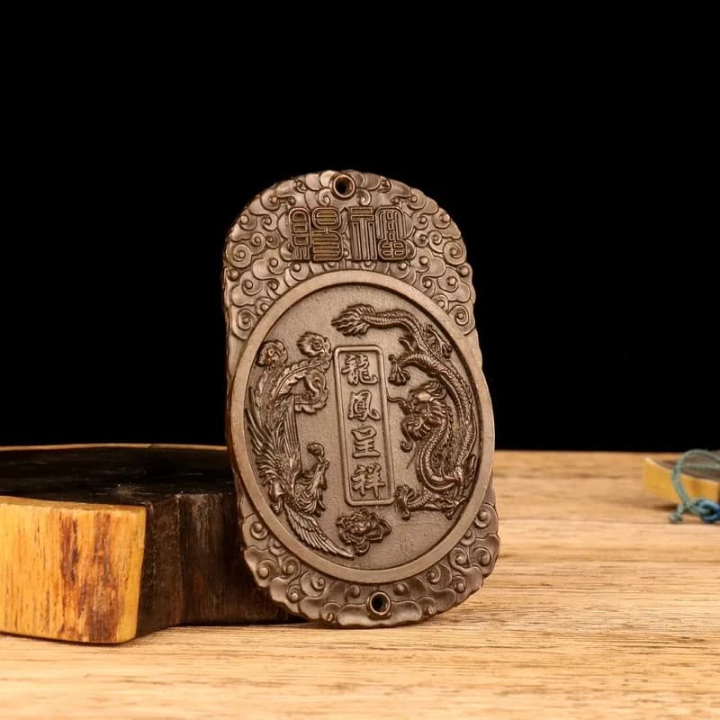 Antique copper auspicious plaque ornament, vintage alloy dragon and phoenix token pendant, decorative craft i