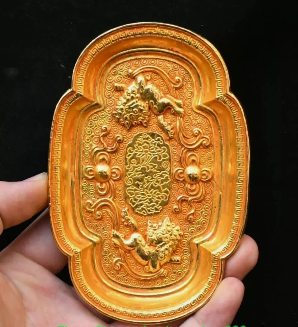 4.7''Old Dynasty Bronze Gilt Palace Foo Fu Dog Guardion Lion Tray Dish Plate