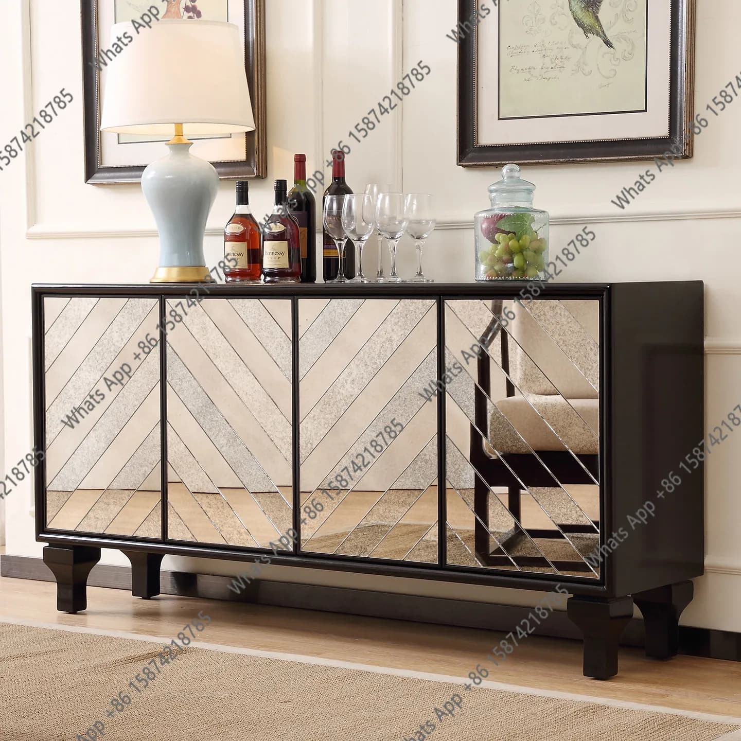 Neoclassical mirror distressed sideboard, kitchen cupboard, design entryway, decorative storage, shoe cabinet
