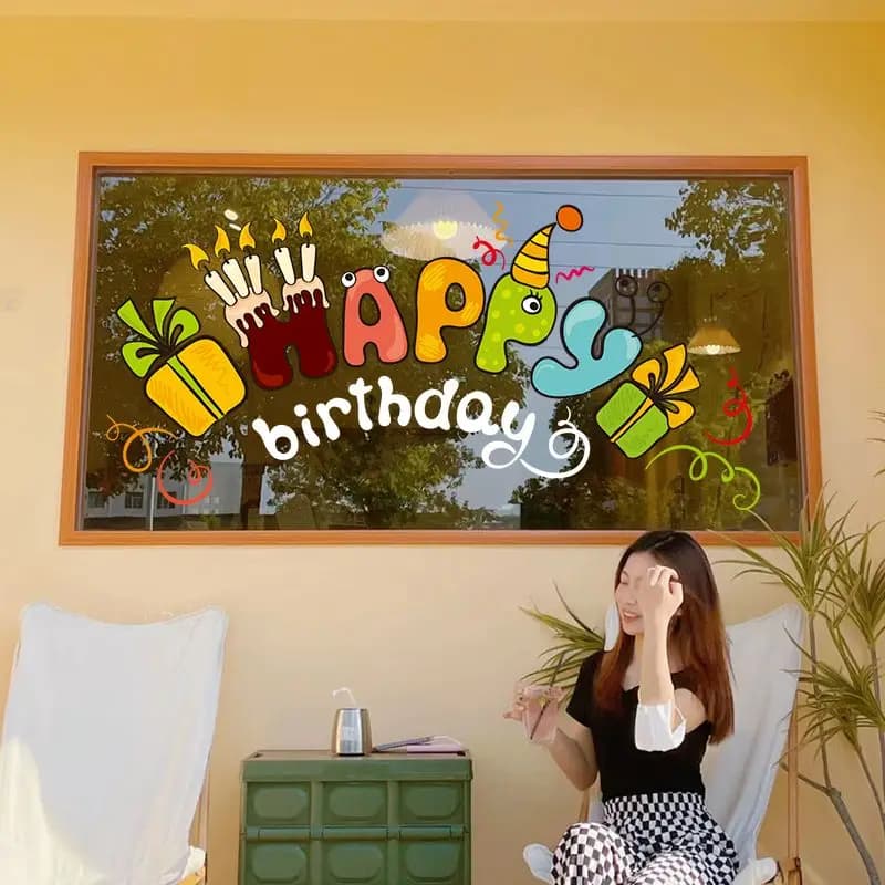 Creative Cartoon Letters Happy Birthday Anniversary Celebration Event Cake Shop Decoration Stickers Window Glass Static Adhesive