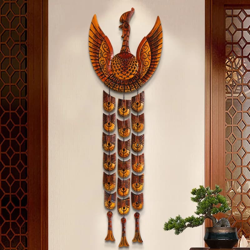 New Chinese Style Hand-Carved Solid Peachwood Peacock Wall Hanging Classical Entryway Decorative Artwork