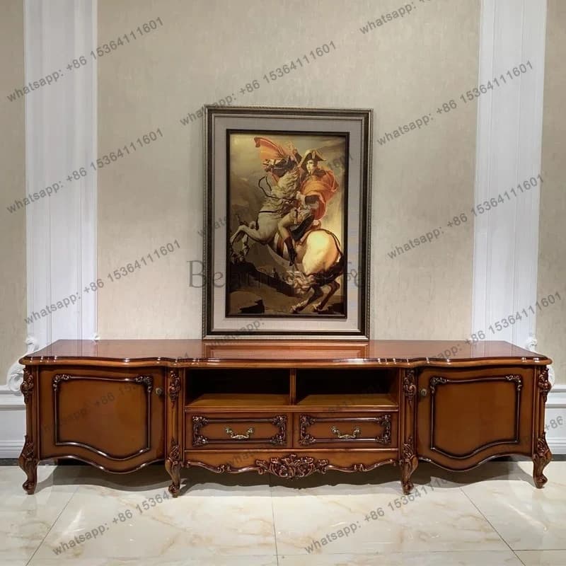 European all solid wood TV cabinet luxury villa dark piano paint American carved living room cabinet