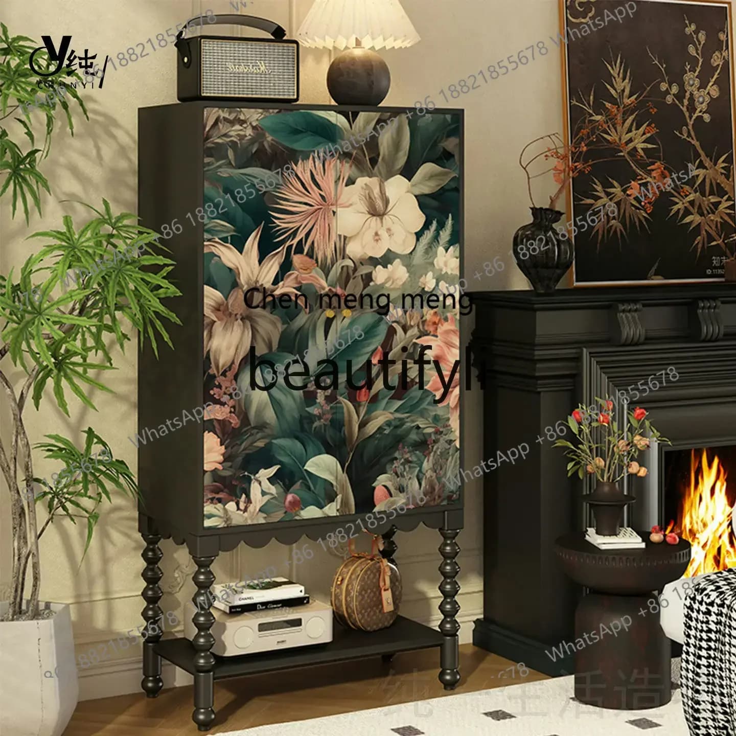 A32 French Style Light Luxury Solid Wood High Cabinet Floral TV Cabinet Living Room Entrance Decoration Storage Cabinet
