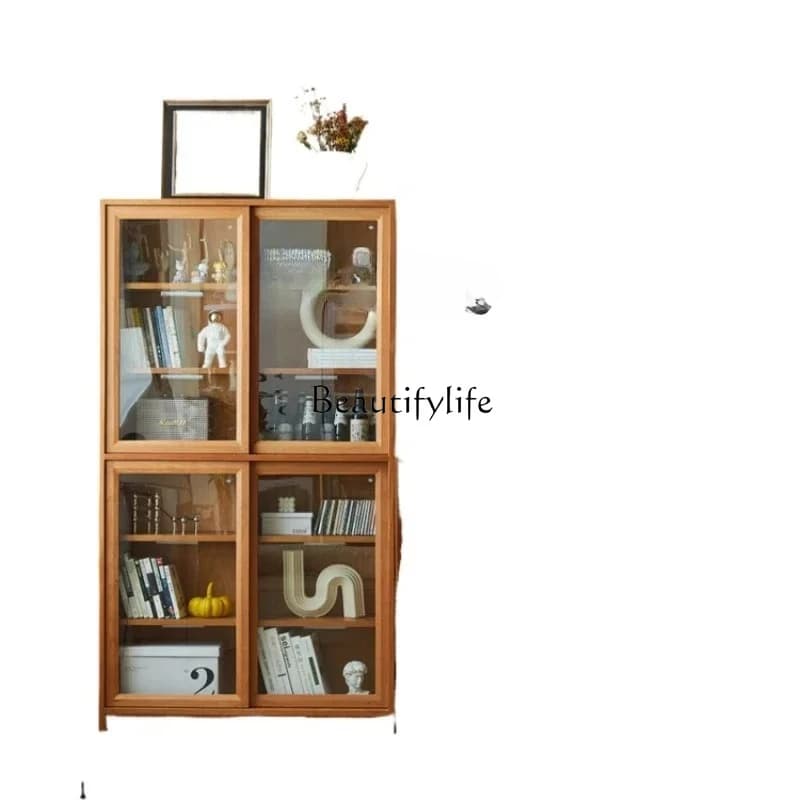furniture all solid wood bookcase rattan storage living room glass door free combination lattice cabinet