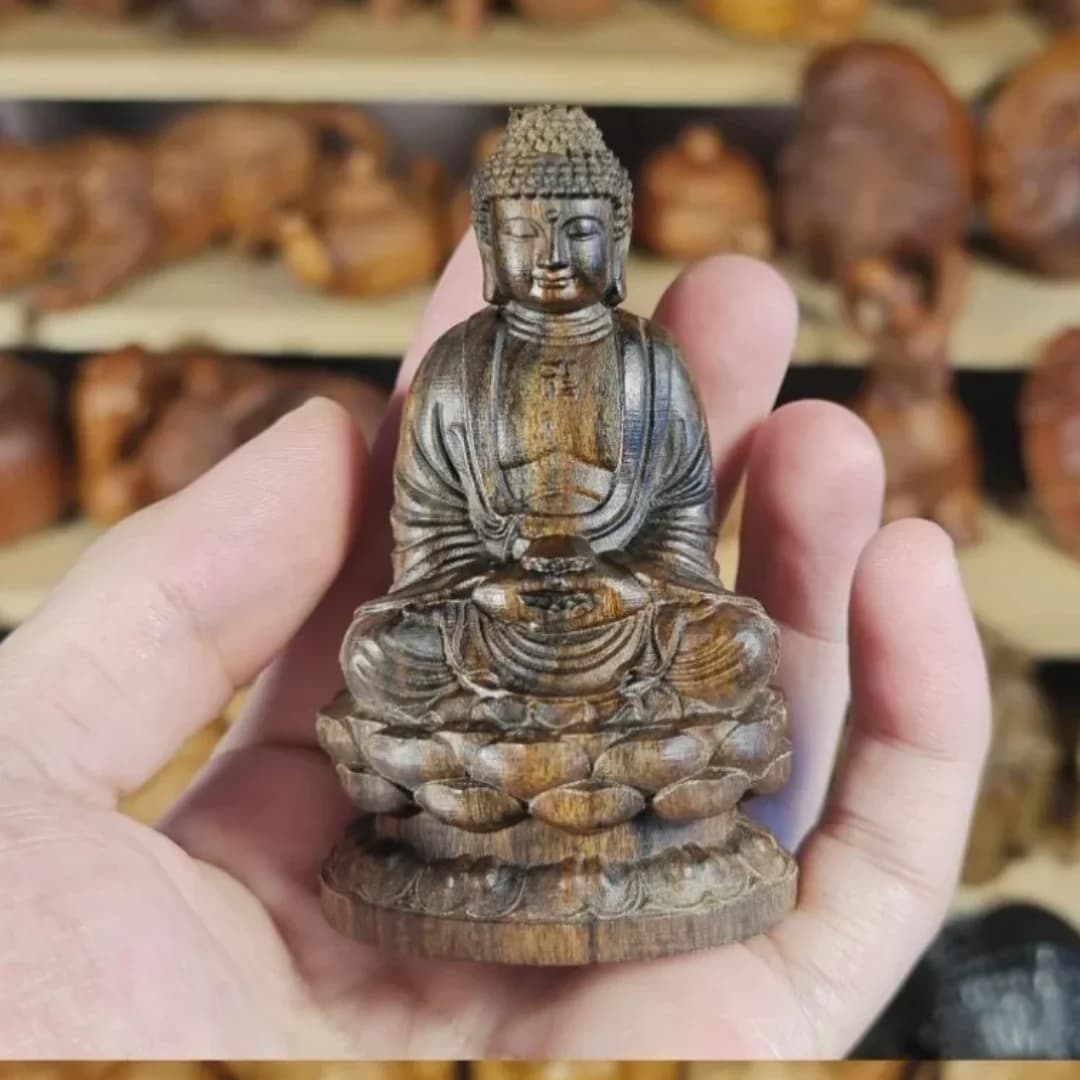 3.1" Indonesian Dala Dry Agarwood Carving Buddha Rulaifo Statue Fengshui Decor