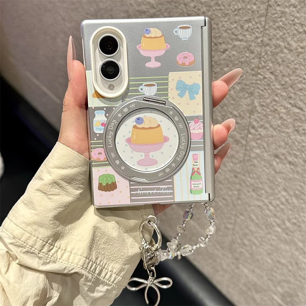Cute Dessert Phone Case For Samsung Galaxy Z Fold 8 Rotatable Ring Stand With Bead Chain Pendant Shockproof Protective Shell