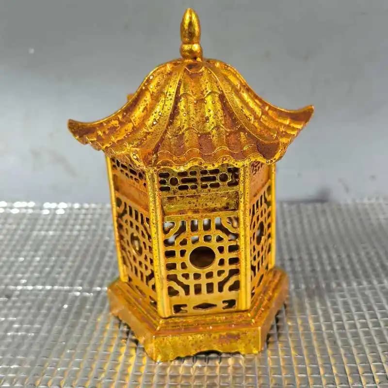 Collectible vintage brass Chinese-style , copper pavilion incense burner, living room decorative copperware, antiq