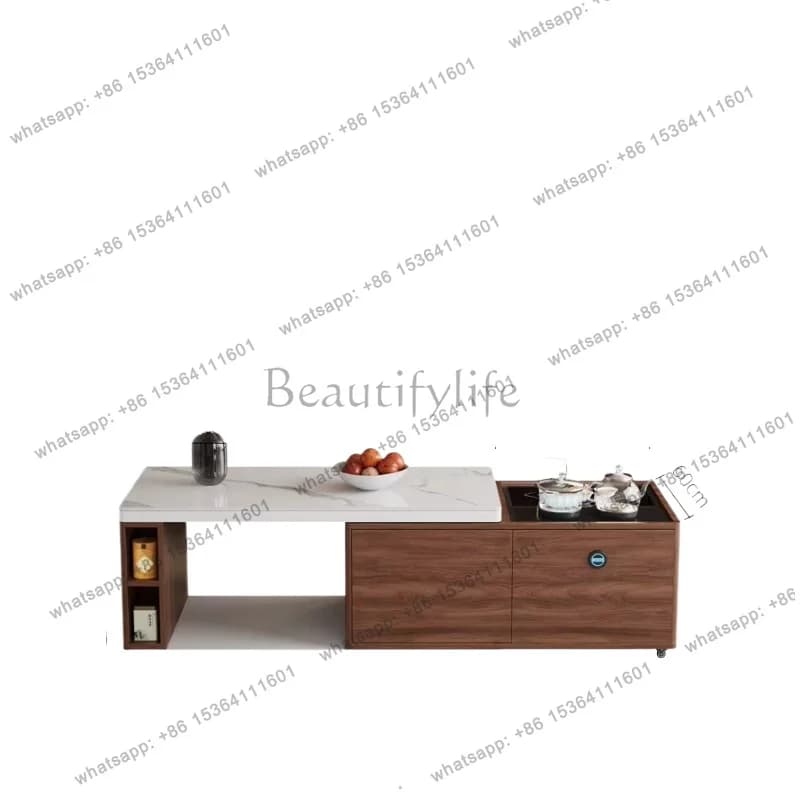 YJ Slab Stone Kung Fu Tea Table Multifunctional Smart Lift Coffee Table Modern 2-in-1 Movable Tea Desk for Living Room