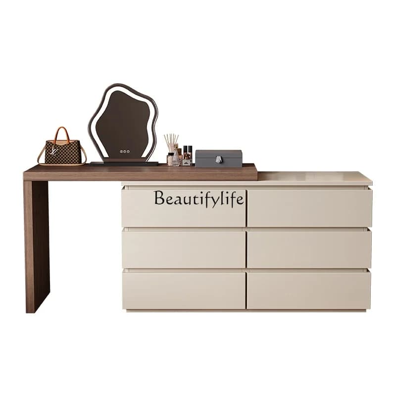 pg55White Dressing Table and Chest of Drawers Integrated Simple Modern Light Luxury Cream Style Solid Wood Makeup Table