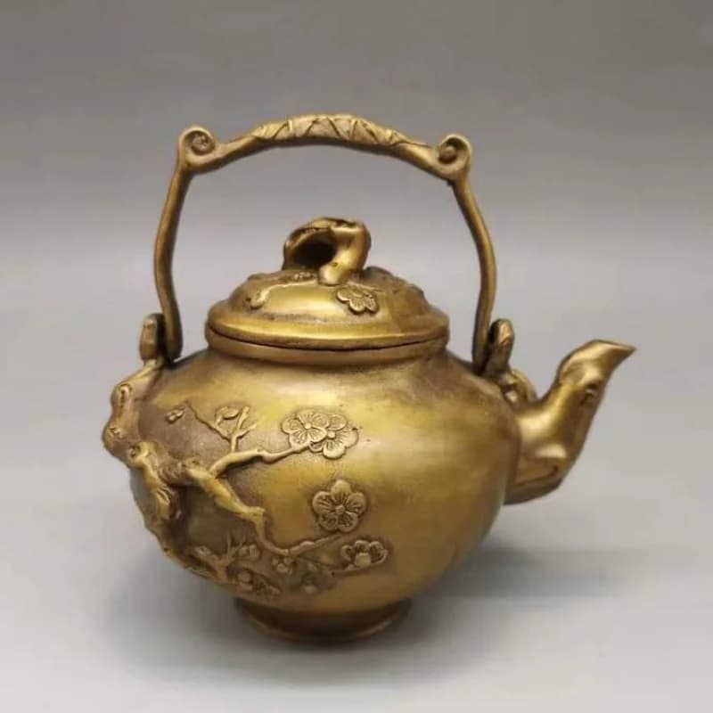 Antique copper , plum blossom wine pot, rural collectible, home craft water kettle
