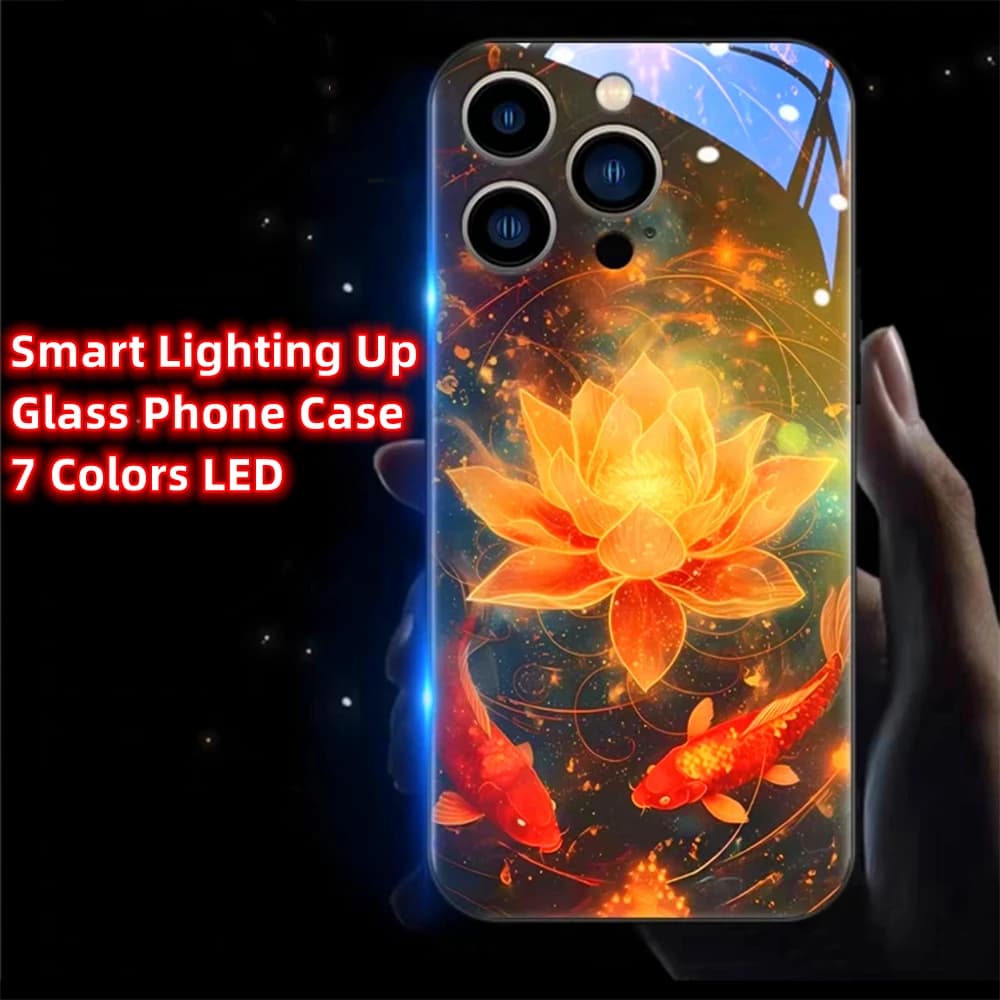 Lucky Golden Lotus Carp Design Smart LED Light Glow Tempered Glass Phone Case For Samsung S26 S25 S24 S23 S22 S21 S20 Plus Ultra