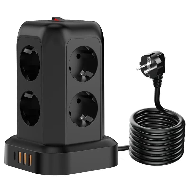 EU Standard Tower Vertical German Schuko Power Strip with Type C CE LVD Certified for Europe Russia European Outlet Extension