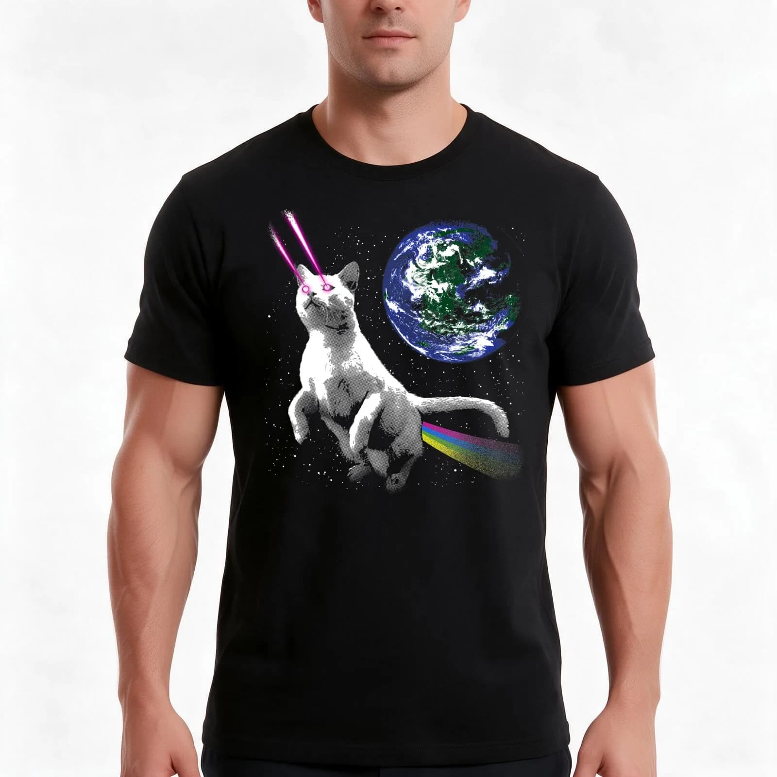 Laser Cat in Space - Cat Astronaut in Front of Planet Earth T-Shirt, Summer Casual Cotton Tee, Oversized Streetwear Tops