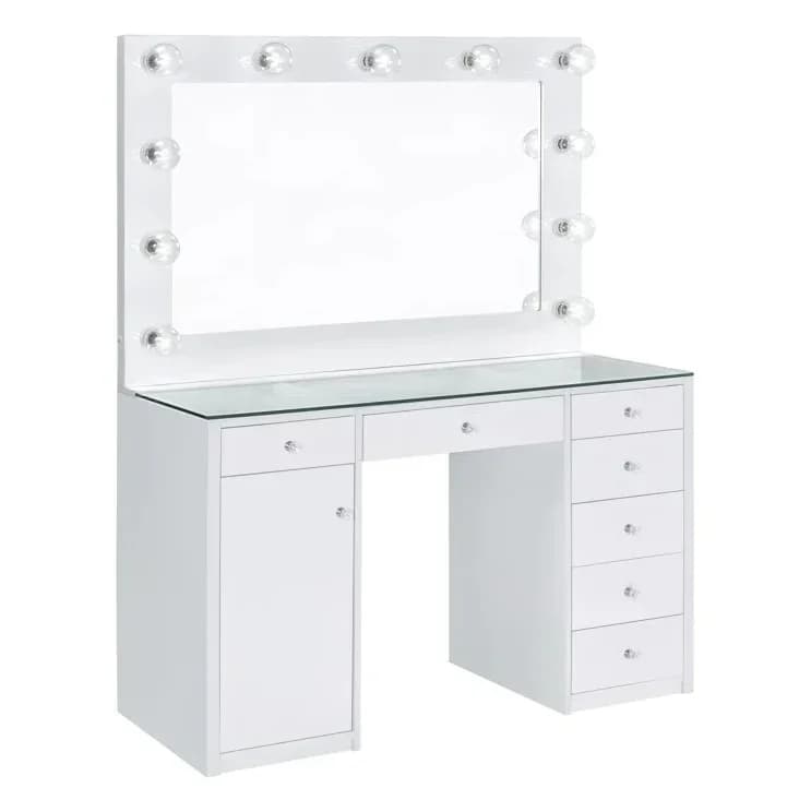 # 7-Drawer Makeup Vanity Table With LED Hollywood Mirror Lighting Crystal Acrylic Knob Handle Glass Top Dressing Table #