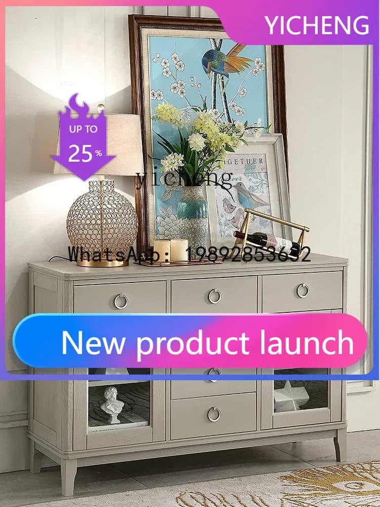 LYY  Light Luxury Red Oak Solid Wood Double Door Drawer Sideboard Cabinet Tea Storage Wine Cabinet