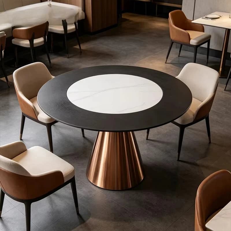 Modern round dining table, stone tabletop, rose gold metal cone base, eco-friendly luxury home furniture