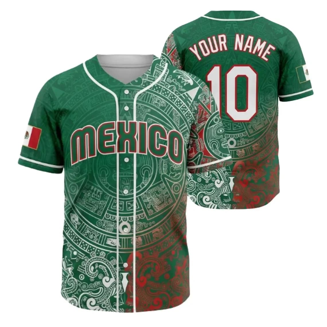 Mexico Baseball Jersey, Custom Name Number Green Button Up Shirt, Mexican Flag Aztec Calendar Cinco de Mayo Gift For Men Women