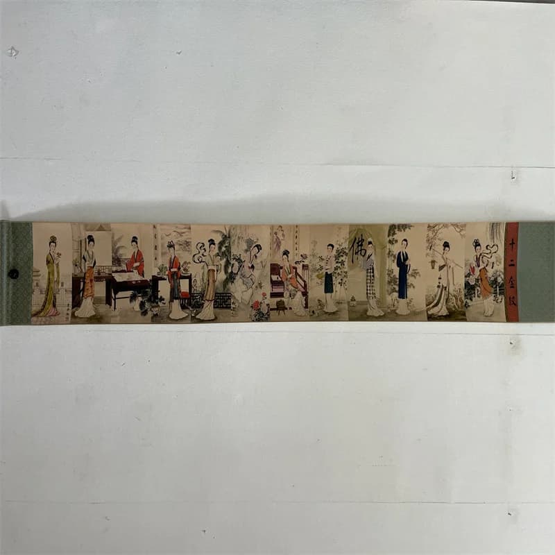 China Old long Scroll Painting ,Fei Danxu's watercolor painting "Twelve Beauties of the Golden Hairpin" collectible