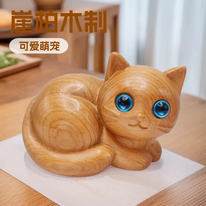 Cypress Wood Carved Kitten Figurine Hand Piece Desktop Wenwan Solid Wood Craft Cute Pet Home Decor Souvenir Gift