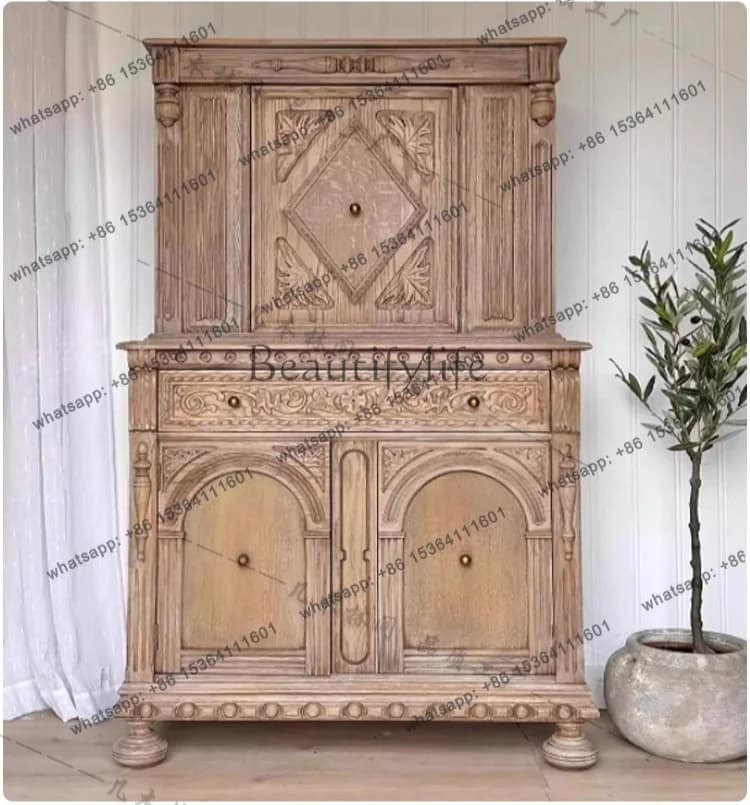 French retro old dining side cabinet log style living room solid wood storage engraved entrance cabinet