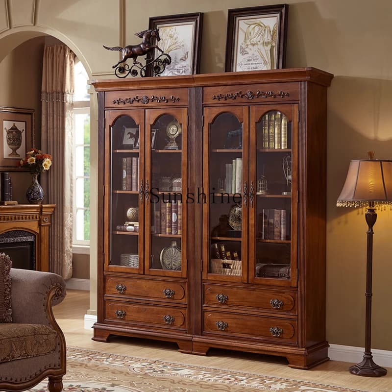 American solid wood bookcase large-capacity storage display, floor storage, combination against the wall