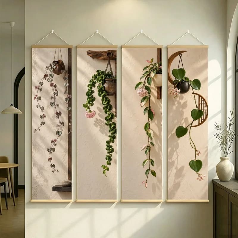 Wall Decor String of Hearts and Curly Hoya, Natural Wabi-Sabi Botanical Silver Shimmer Canvas Hanging Scroll for Tea Room