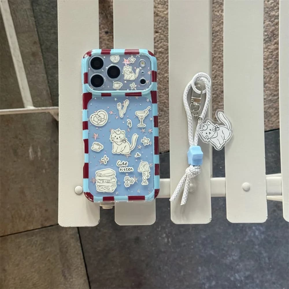 Cute Hand Drawn Line Kitten Phone Case Blue Red Stripe With White Glitter Wrist Lanyard For iPhone 18 17 16 15 Pro Max Korea