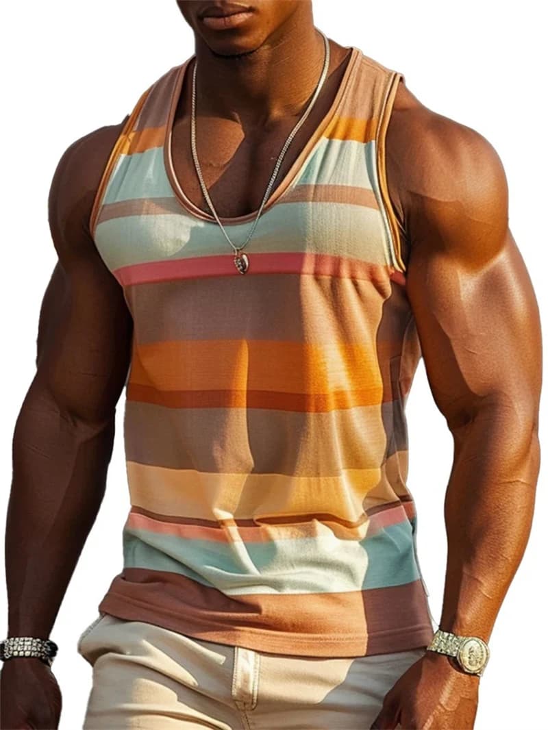 Rainbow Striped 3D Printed Fashionable Men's Round Neck Casual Vest, Summer Fashion Simple Sleeveless Vest, Breathable Men's Top