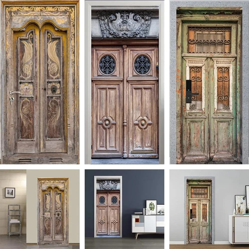 Antique Ornate Iron Grille Door 3D Door Sticker, Self-Adhesive Realistic Door Mural for Living Room, Victorian Style Decor