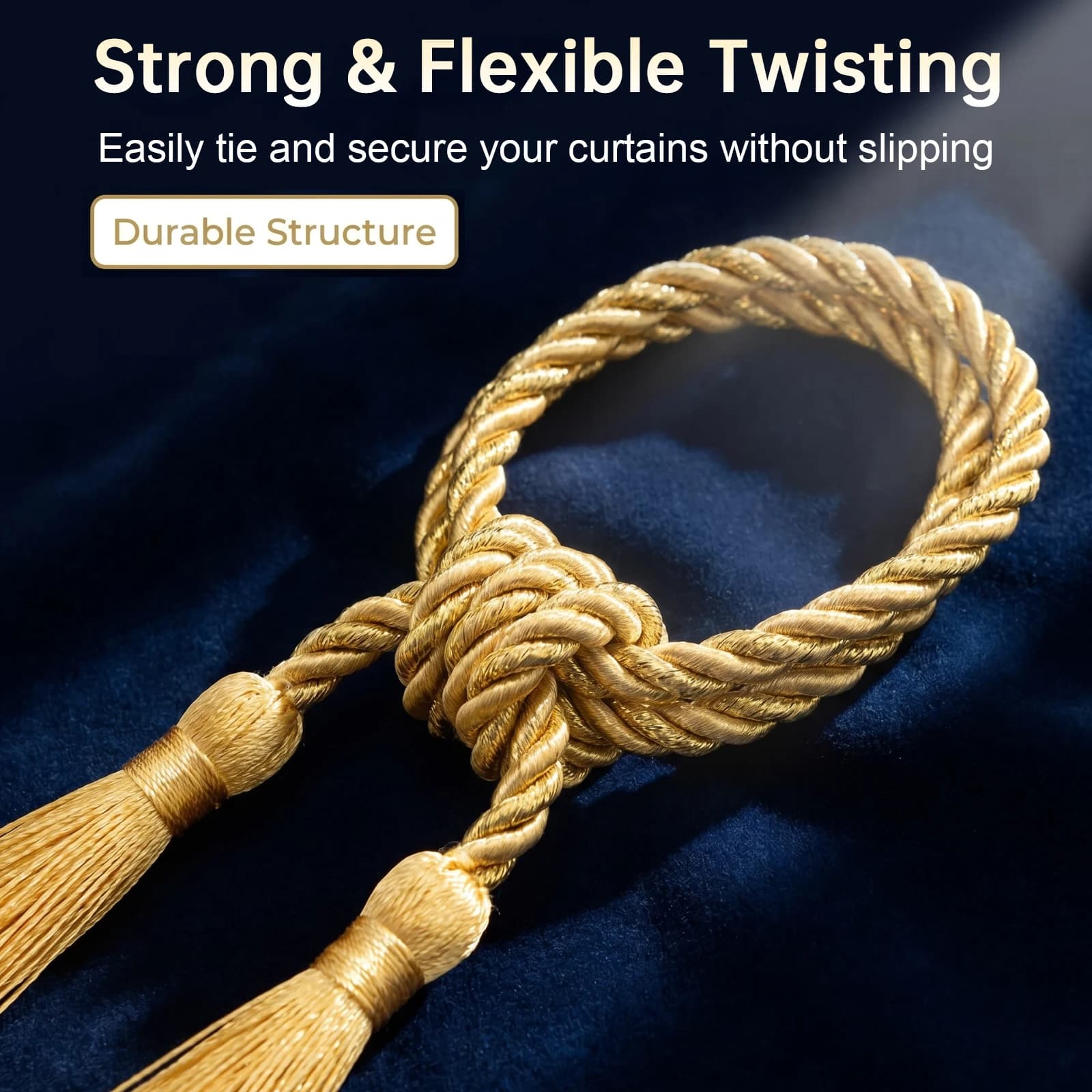 2 Pcs 100CM Curtain Tiebacks Rope Holder with Tassel Gold Handmade Curtain Tie Backs Rope Strap Holdbacks or Bedroom Living Room