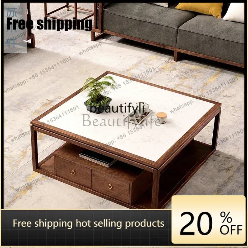 hot Factory Direct New Chinese solid wood coffee table, black walnut living room sofa rock slab tea, modern simple square tea ta