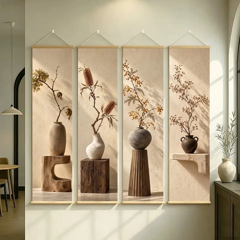 Wall Art Australian Rice Flower and Dried Mimosa, Calm Wabi-Sabi Silver Shimmer Canvas Hanging Scroll for Meditation Room
