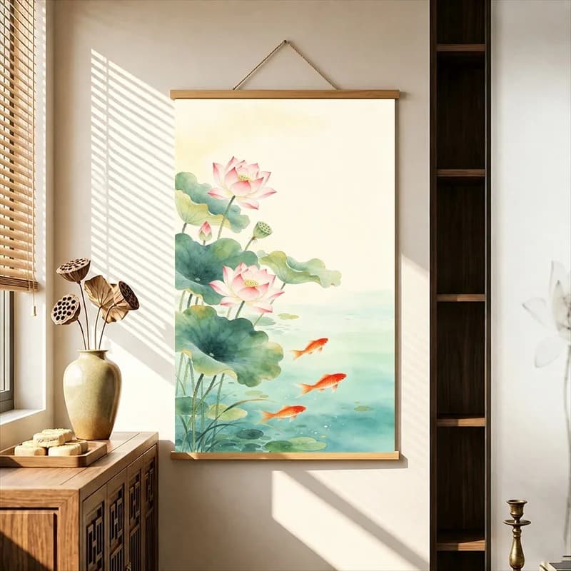 Wall Art Lotus Flowers with Nine Lucky Fish, Chinese Ink Botanical Pearlescent Canvas Wall Hanging Scroll for Tea House Interior