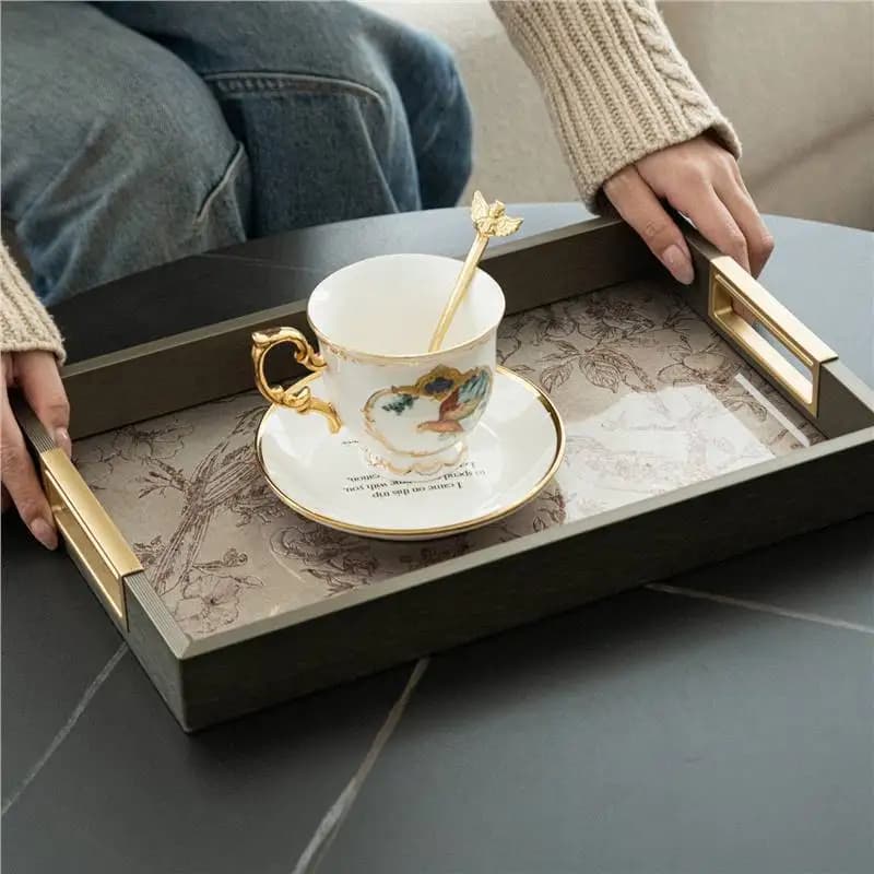 European retro flower and bird pattern rectangular tray, Chinese classical model room decorative tray
