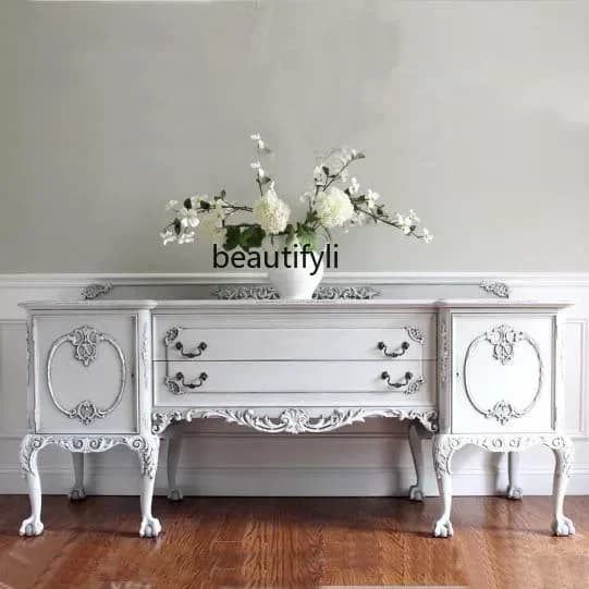 D36European-Style Carved Locker Retro Complete Solid Wood Sideboard Light Luxury Lobby Entrance Cabinet