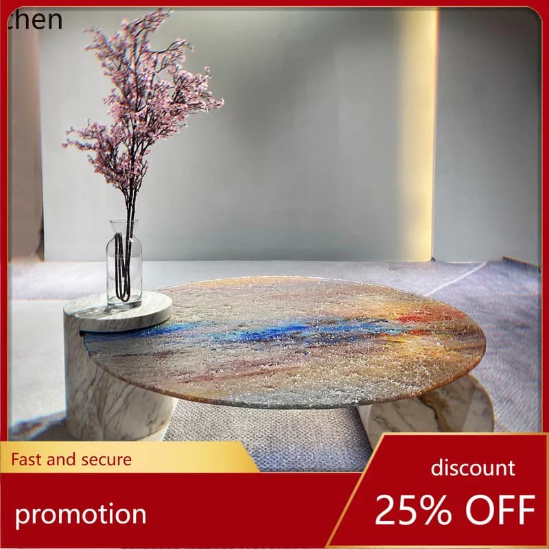 CZ Glass Marble Simple Living Room Crystal Round Sunset Pattern Coffee Table Water Ripple Coffee Table