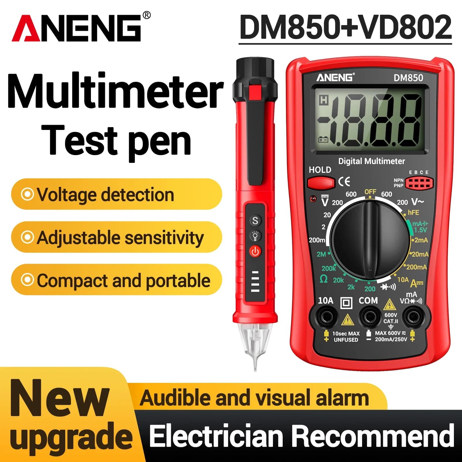 ANENG DM850 Multimeter + VD802 NCV Voltage Tester Pen Kit AC DC Current Resistance Diode Breakpoint Finder Electrician Tool Set