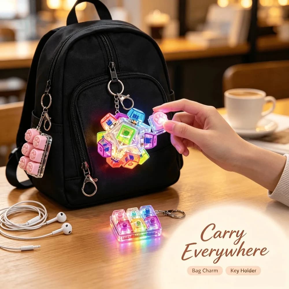 1pcs NEW LED Light-Up Keychain Keyboard Clickable Mechanical Button for Stress Anxiety Relief Desk Accessory Office Decor Gift
