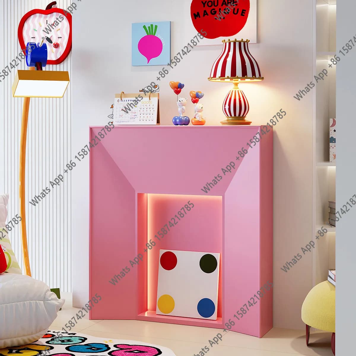 Fireplace decoration rack with light atmosphere, live stream set display, living room against the wall, sofa narrow side cabinet