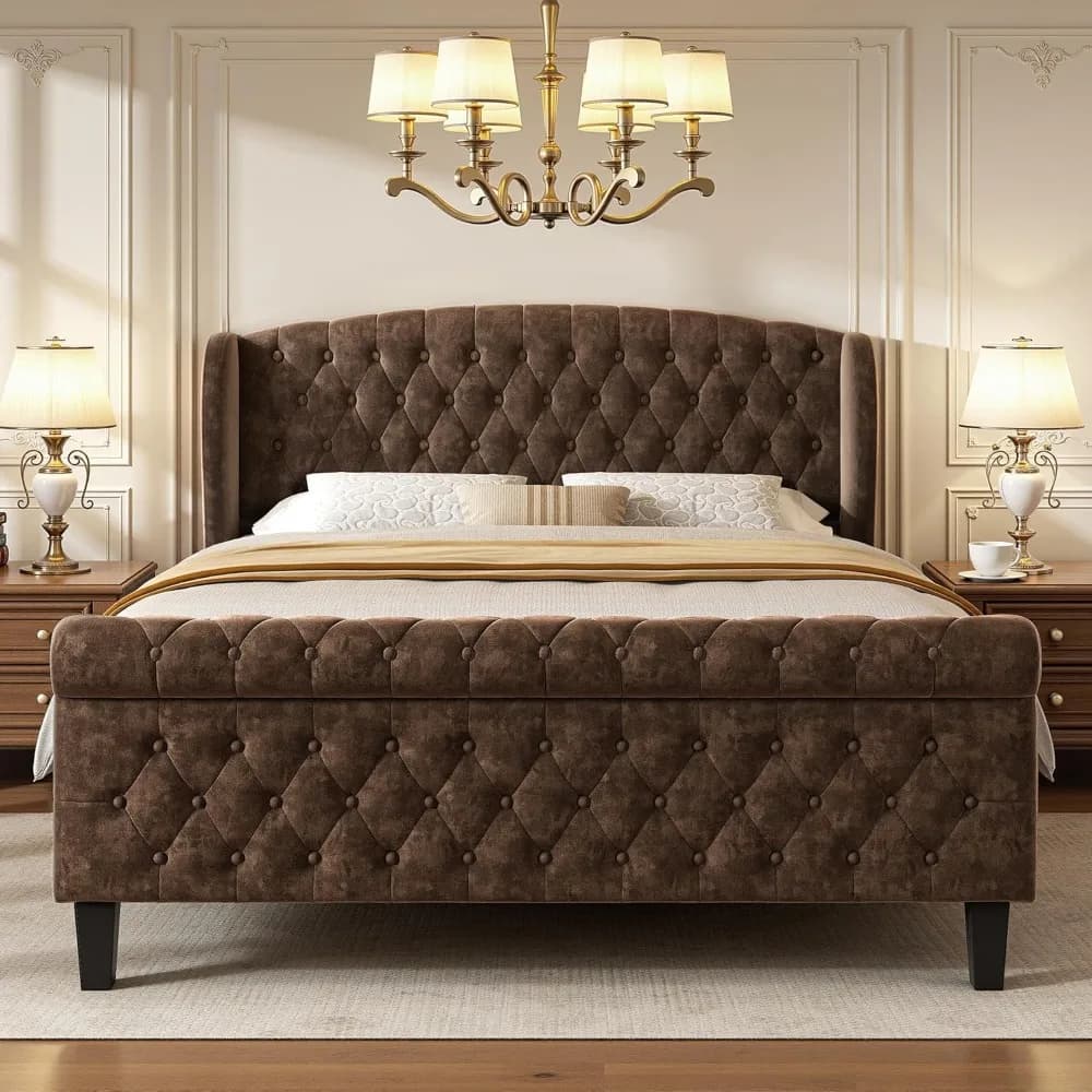 Sleigh Queen Bed Frame with Wingback Headboard, Chenille Upholstered Bed Frame Queen Size with Button Tufted Scroll, Customized
