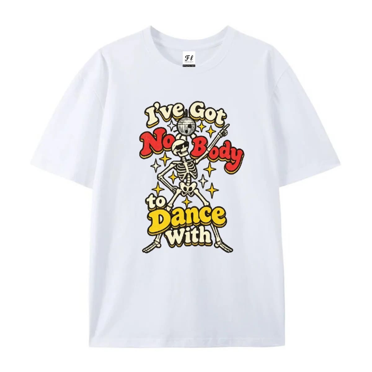 Retro Disco Dancing Skeleton Graphic T‑Shirt I've Got Nobody To Dance With Slogan Print Vintage Halloween Funny Women Daily Tee
