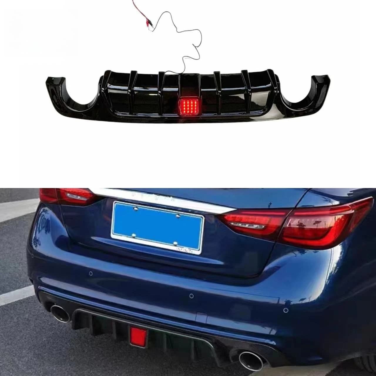 For Infiniti Q50 2018 LED Rear Bumper Diffuser Lip Glossy Black Rear Bumper Spoiler Exterior Body Kit Car Styling Upgrade Parts