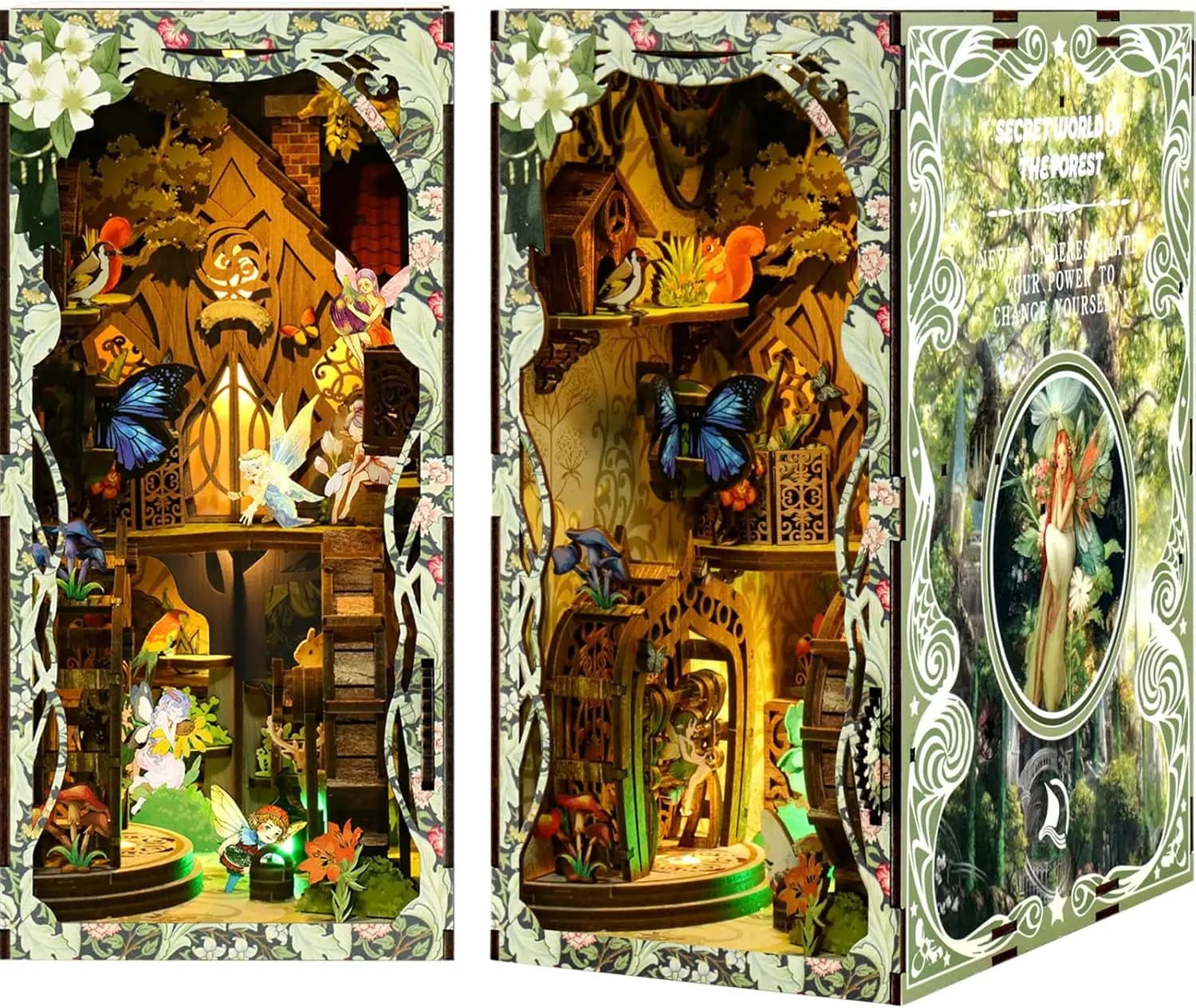 DIY Book Nook Kit, 3D Wooden Puzzle Dollhouse, Miniature Dollhouse Kit with LED Lights