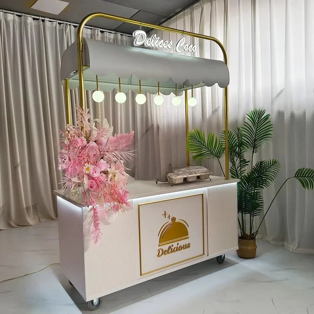 Custom Detachable Metal Candy Cart Mobile Food Cart Deli Cart with Light Emitting Diode Logo