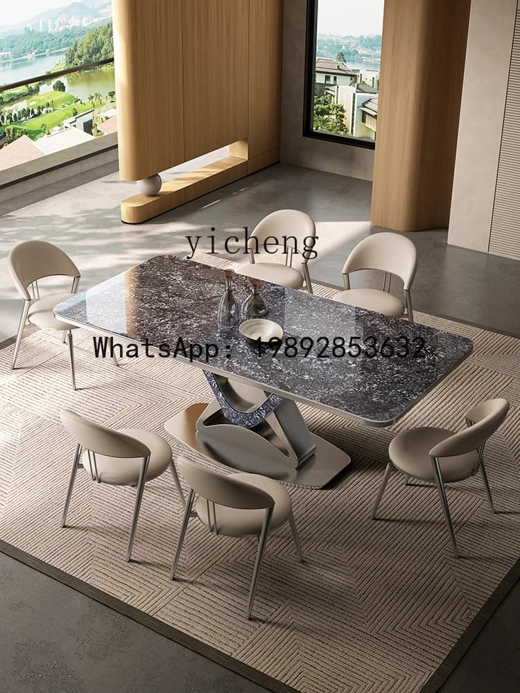 x9 Rock Plate Dining Table Combination Villa Marble Rectangular Dining Table and Chairs