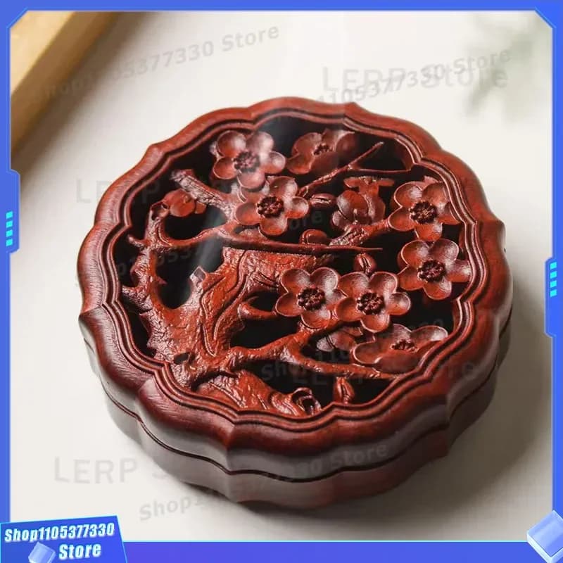 Vintage Rosewood Hollow Carved Plum Blossom Incense Burner for Home Study Tea Room Ancient Style Line Incense Box Decorative
