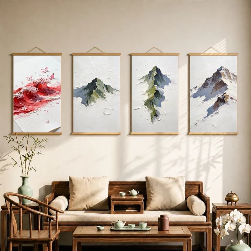 Wall Art Colorful Mountain Peaks in Snow and Mist, Expressive Landscape Pearlescent Canvas Hanging Scroll for Vacation Villa