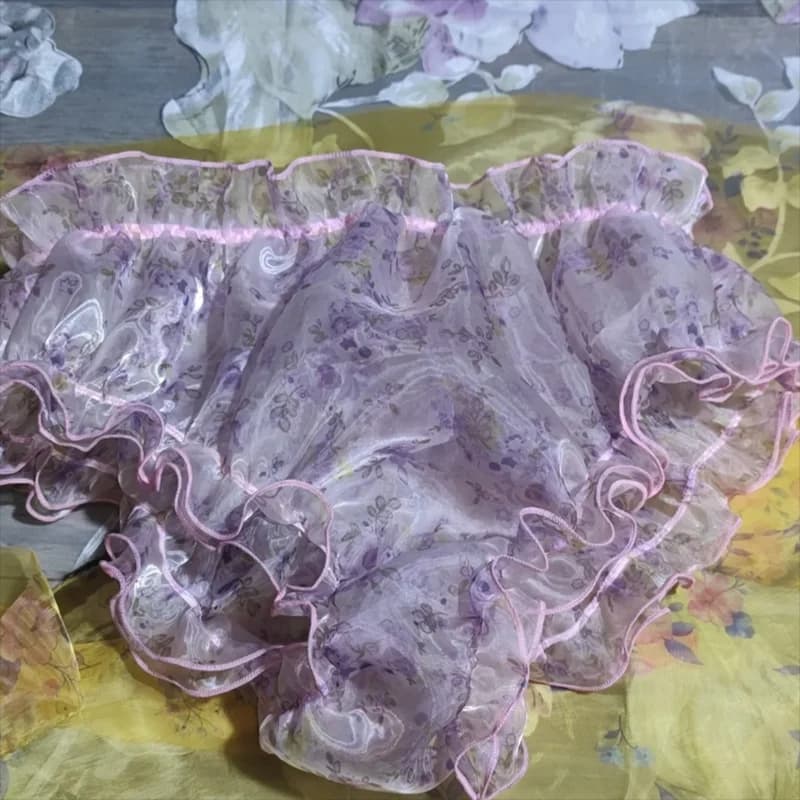 Women Sissy Ruffled Soft Silky Panties Plus Size Lantern Panty, High Gloss Flowers Double Layered Organza See Through Men Briefs